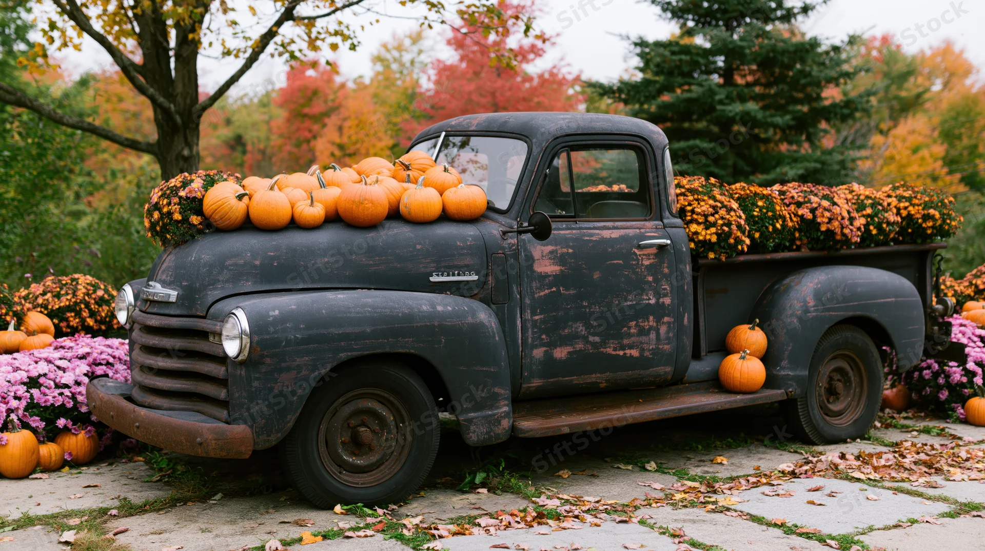 Weathered vintage pickup truck loaded with pumpkins and flowers in autumn garden setting