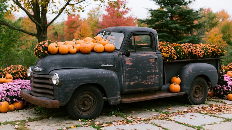 Weathered vintage pickup truck loaded with pumpkins and flowers in autumn garden setting