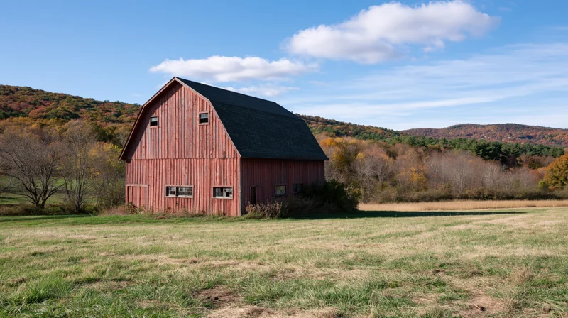 Red barn with dark gambrel roof standing in open field surrounded by autumn trees under blue sky with clouds