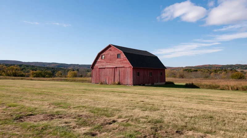 Weathered red barn with dark gambrel roof standing in an open field under a blue sky with scattered clouds