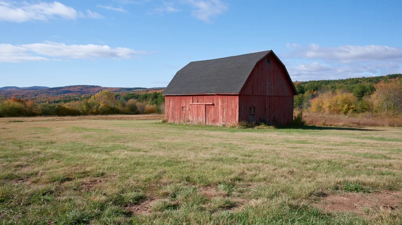 Weathered red barn with dark gambrel roof standing in an open field surrounded by autumn trees under a blue sky with scattered clouds