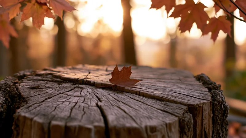 A single maple leaf resting on a weathered tree stump in a sunlit autumn forest