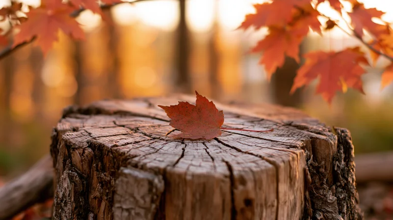 A single red maple leaf resting on a weathered tree stump in a sunlit autumn forest