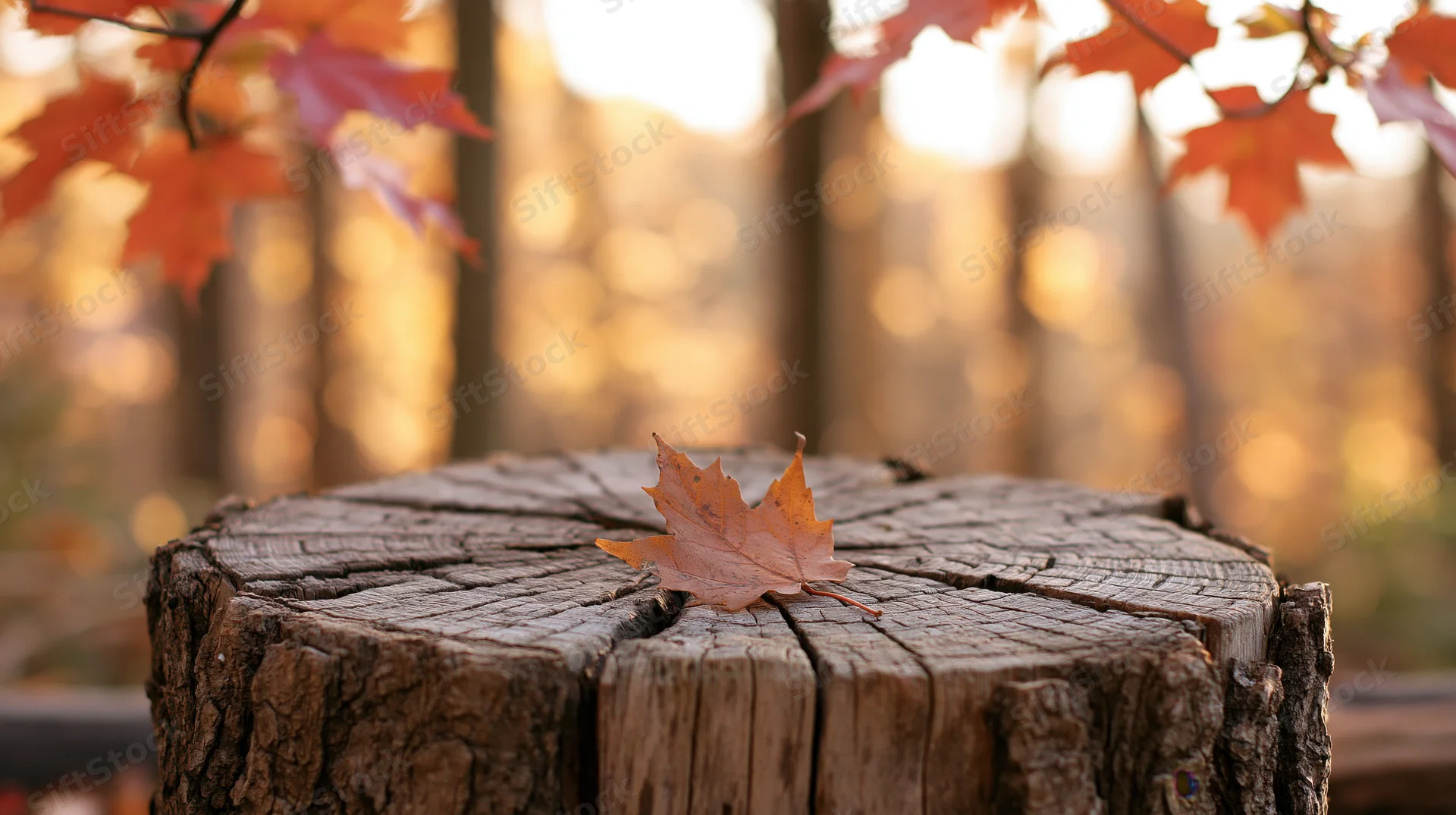 A single orange maple leaf resting on a weathered tree stump in a sunlit autumn forest