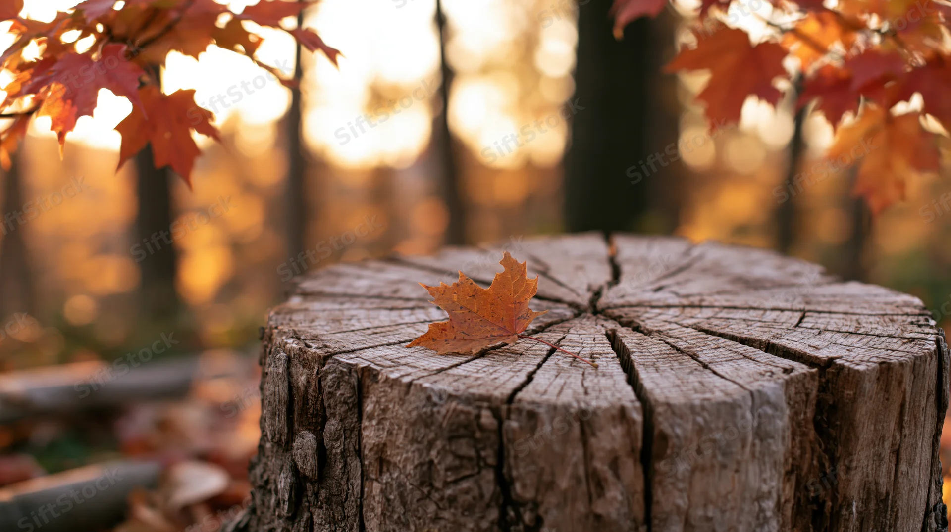 Weathered tree stump with a single orange maple leaf on top in a sunlit autumn forest