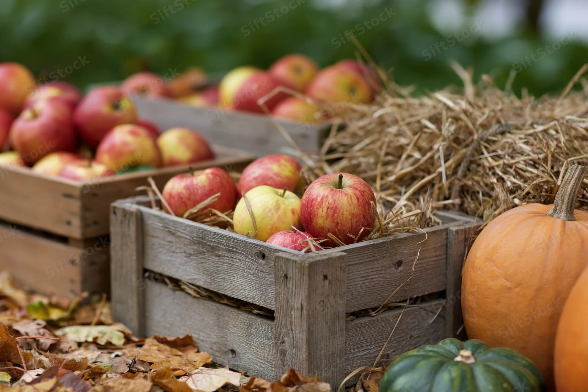 Apples and pumpkins in weathered wooden crates surrounded by hay and fallen leaves in an outdoor autumn farm setting