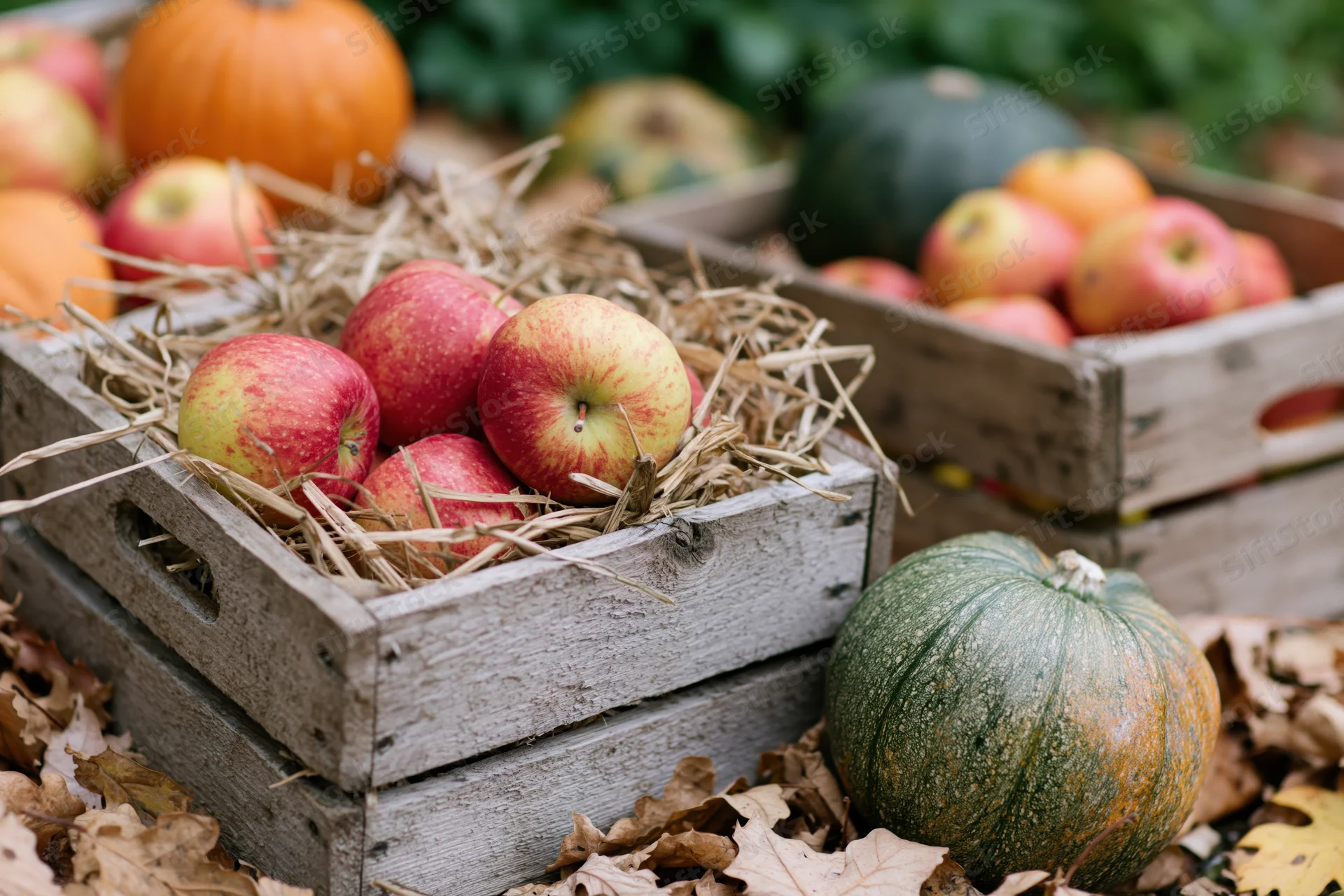 Red and yellow apples in weathered wooden crates with pumpkins and hay among fallen leaves outdoors