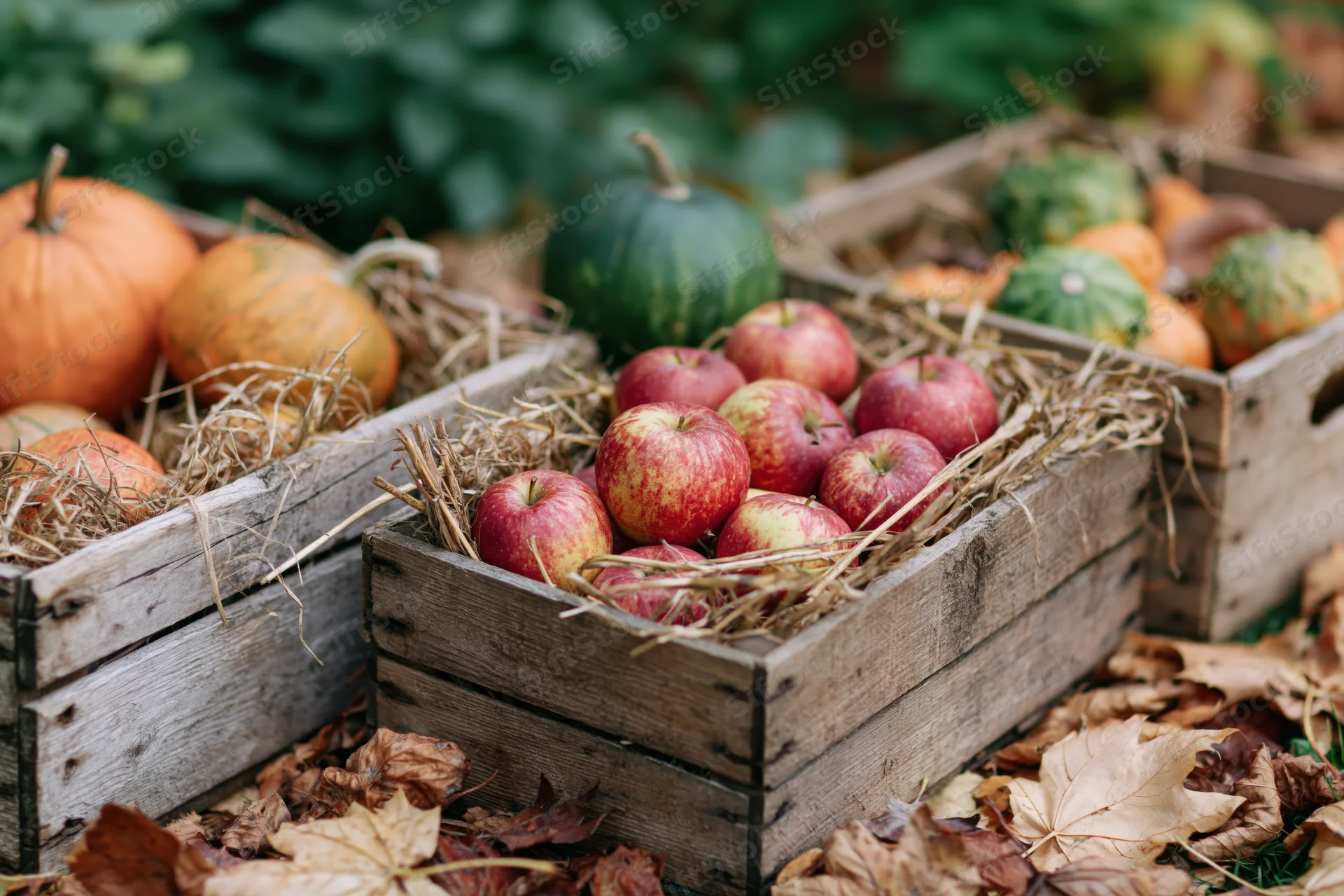 Red and yellow apples in weathered wooden crates surrounded by pumpkins and autumn leaves on a farm stand