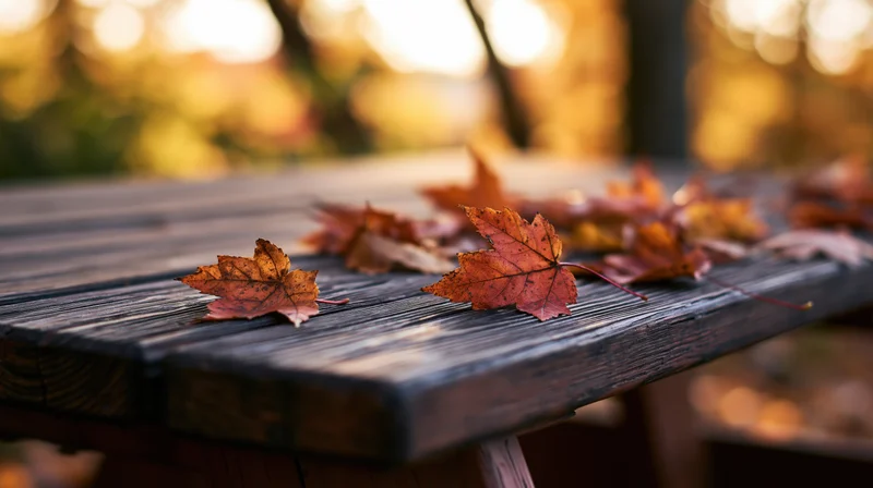 Scattered maple leaves resting on a weathered wooden outdoor table in autumn light