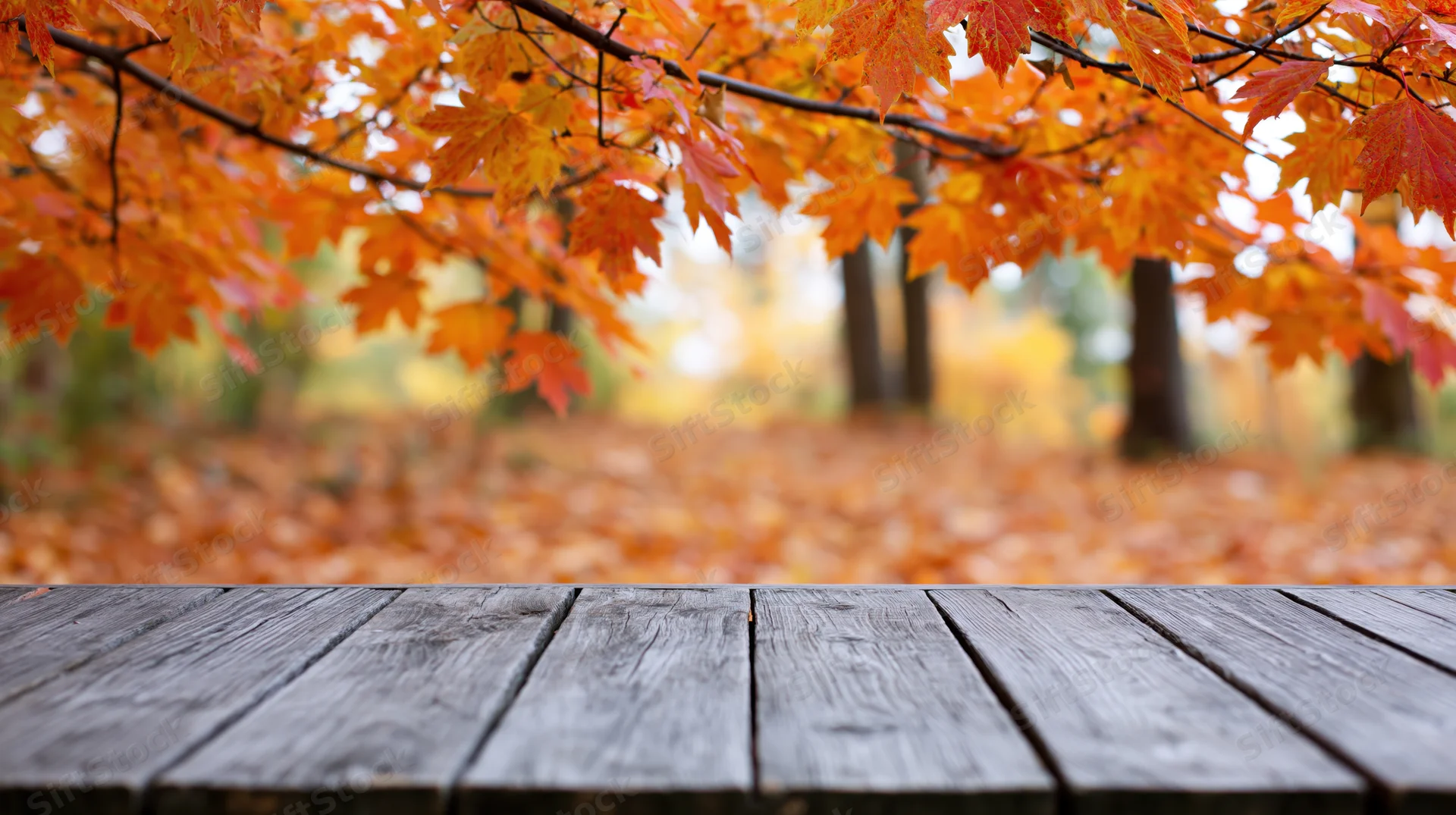 Weathered wooden table surface in foreground with autumn maple leaves above and blurred forest background