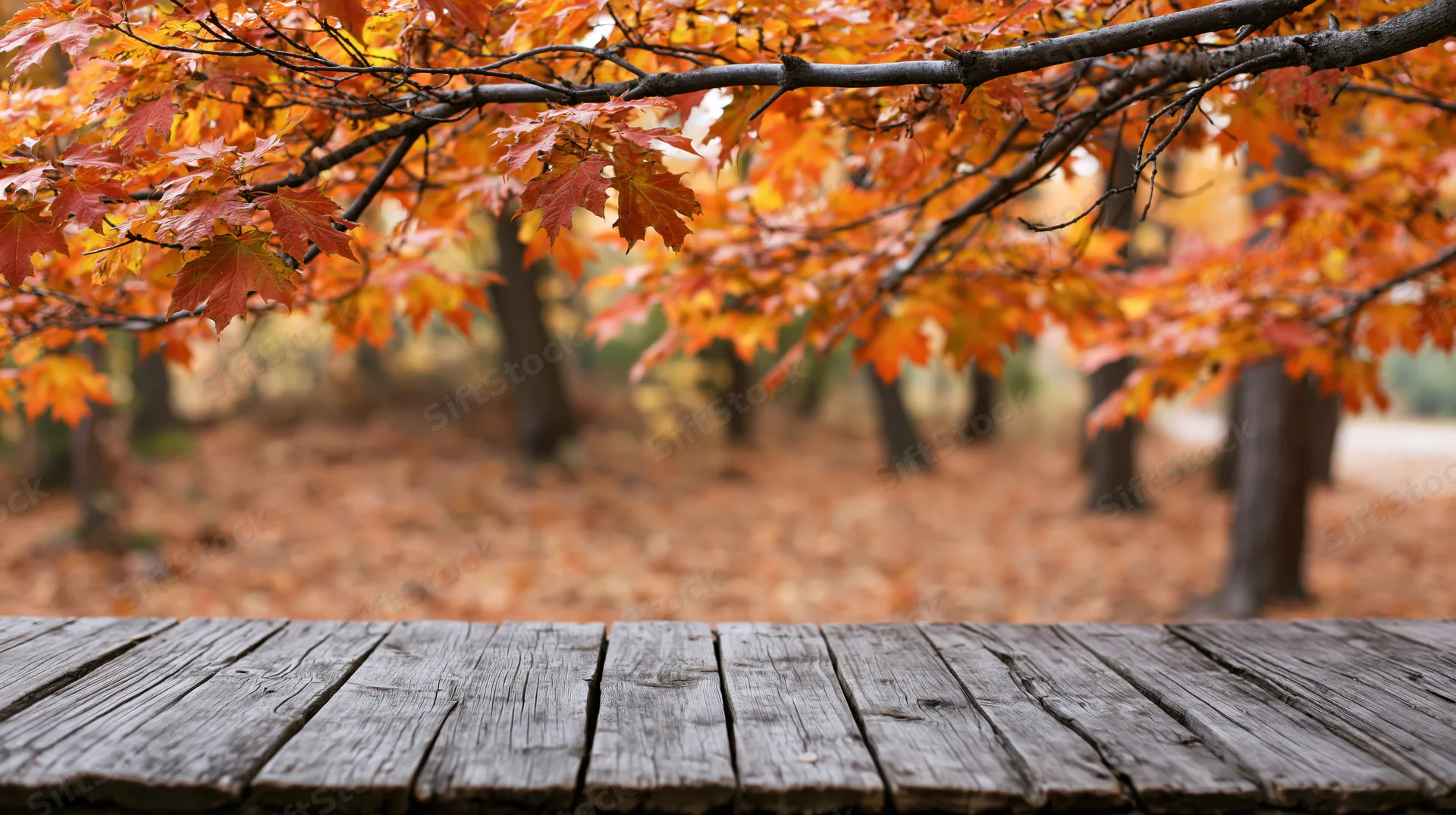 Weathered wooden plank surface in foreground with autumn maple leaves above and fallen foliage on forest floor