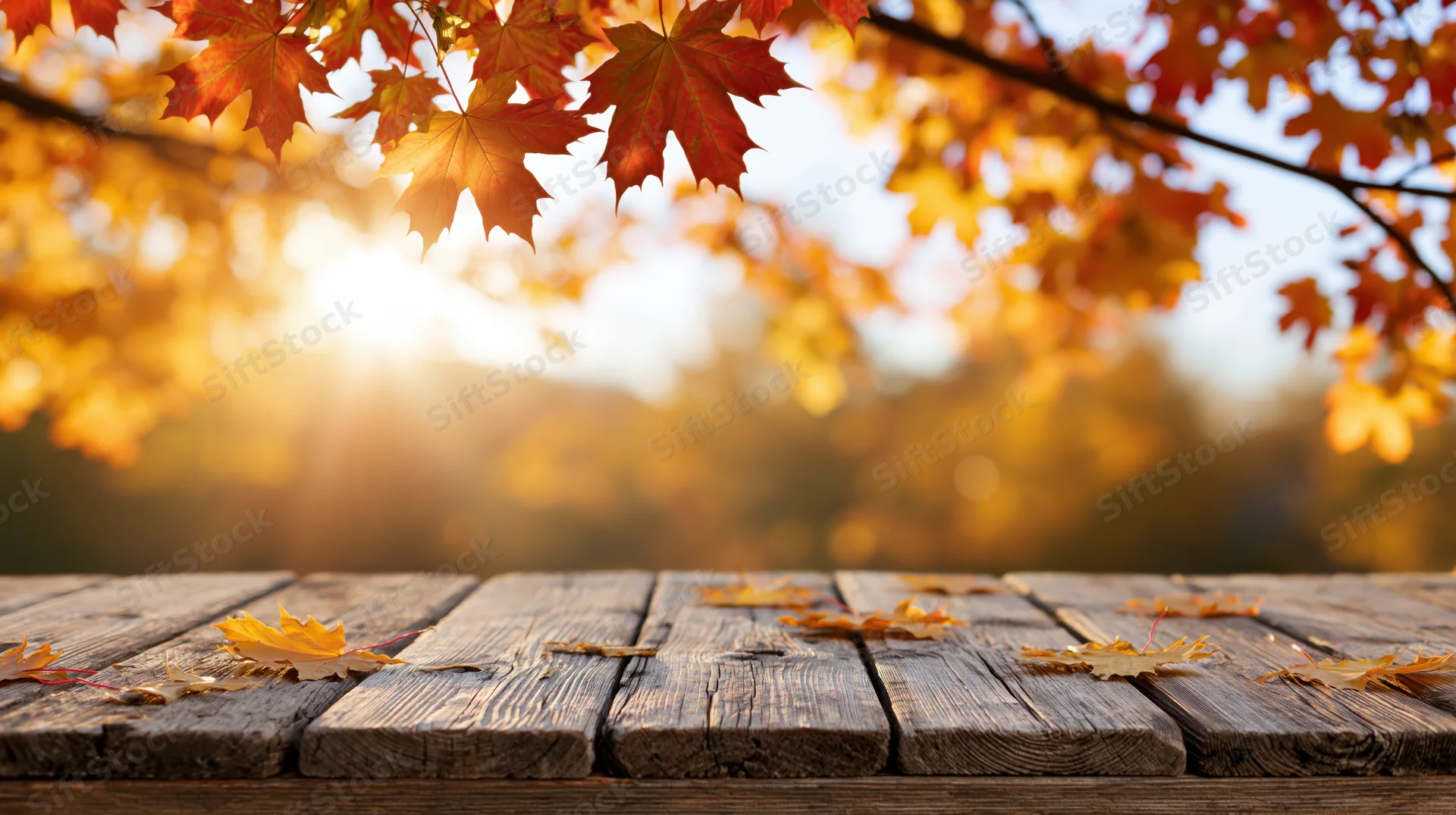 Weathered wooden table with scattered autumn maple leaves under warm sunlight in a forest setting