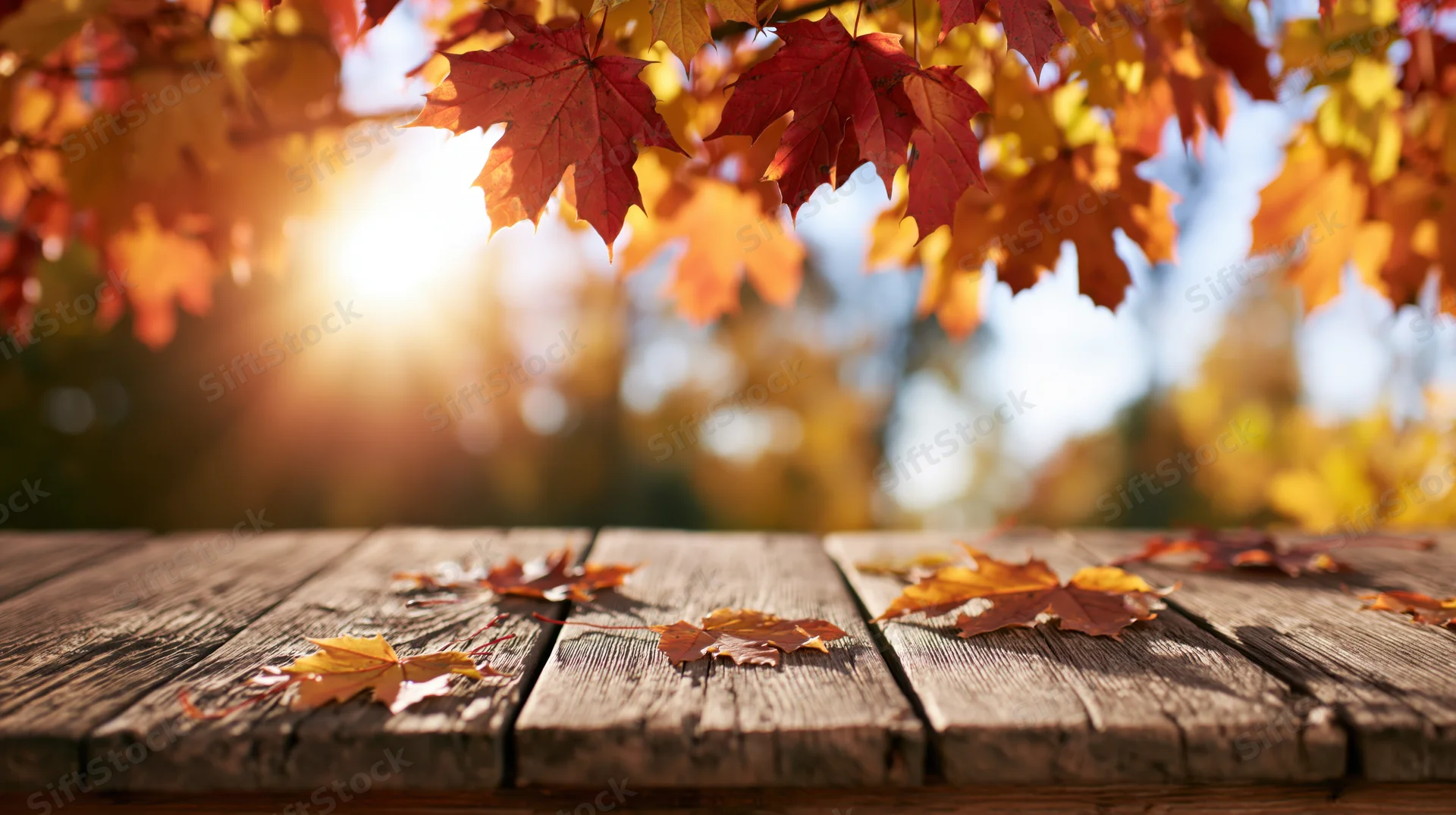 Weathered wooden table with scattered autumn maple leaves under sunlight in a forest setting