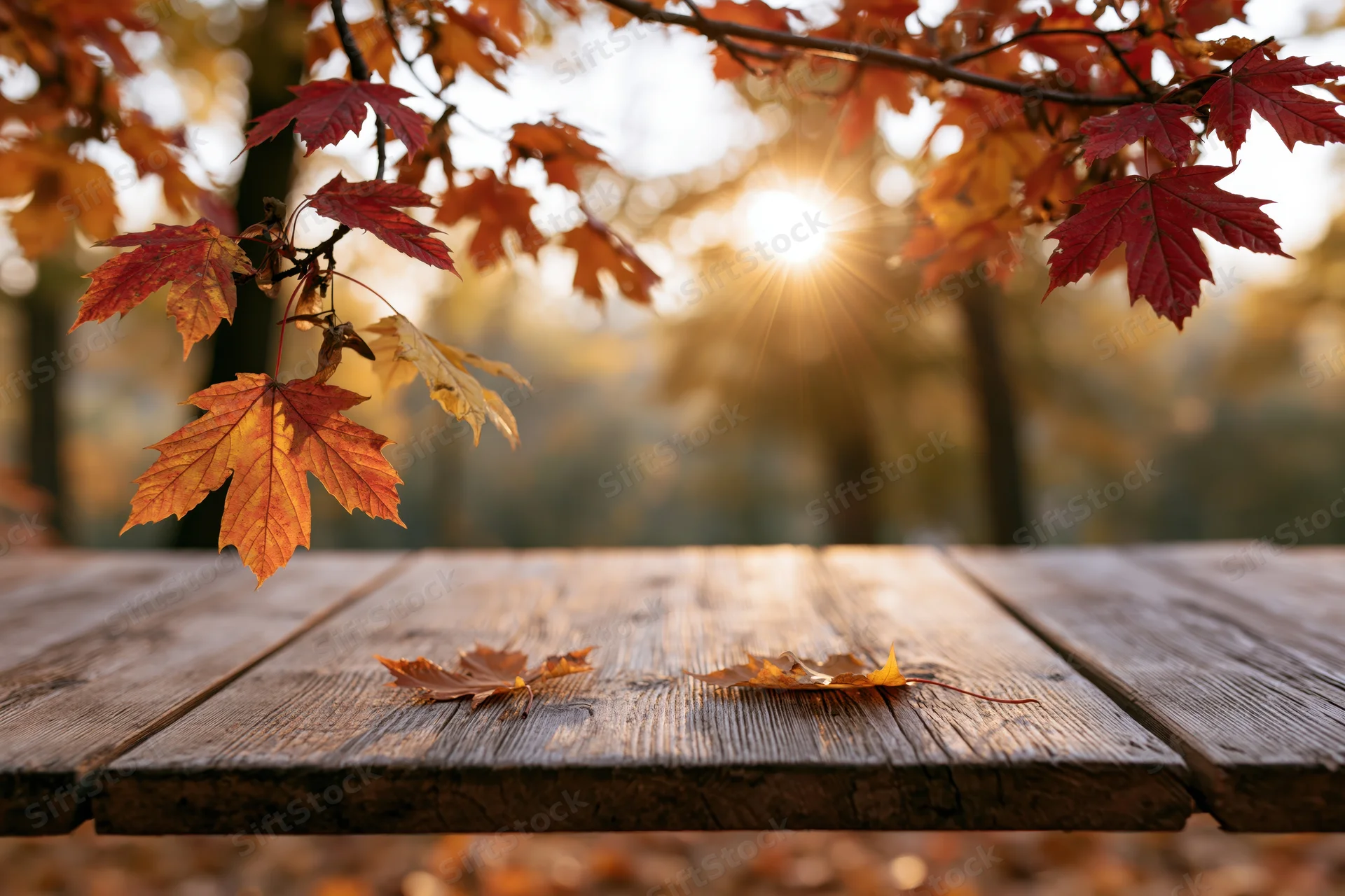 Weathered wooden table with autumn maple leaves and sunlight in forest