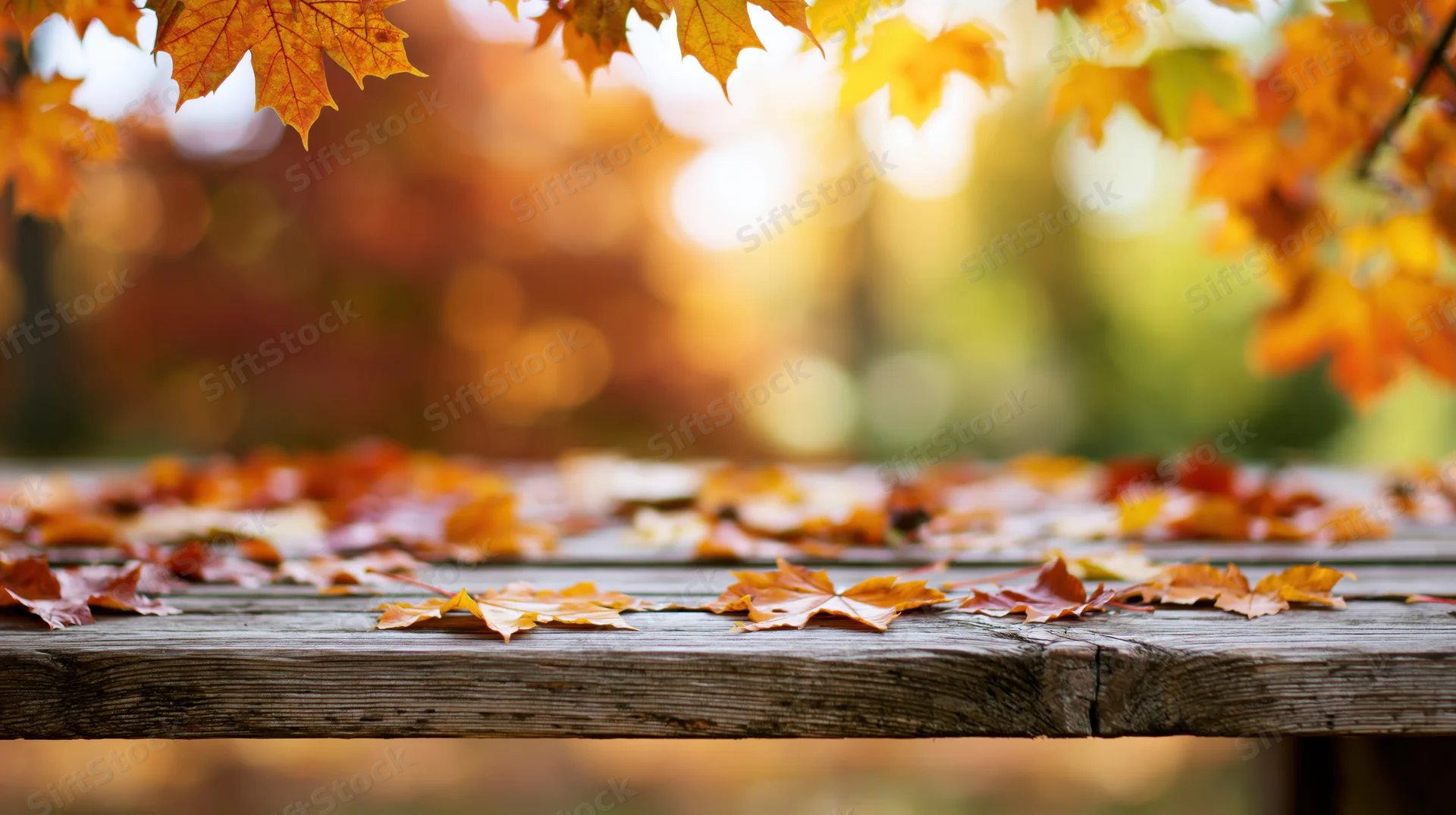 Weathered wooden table covered with fallen autumn leaves in a sunlit outdoor setting
