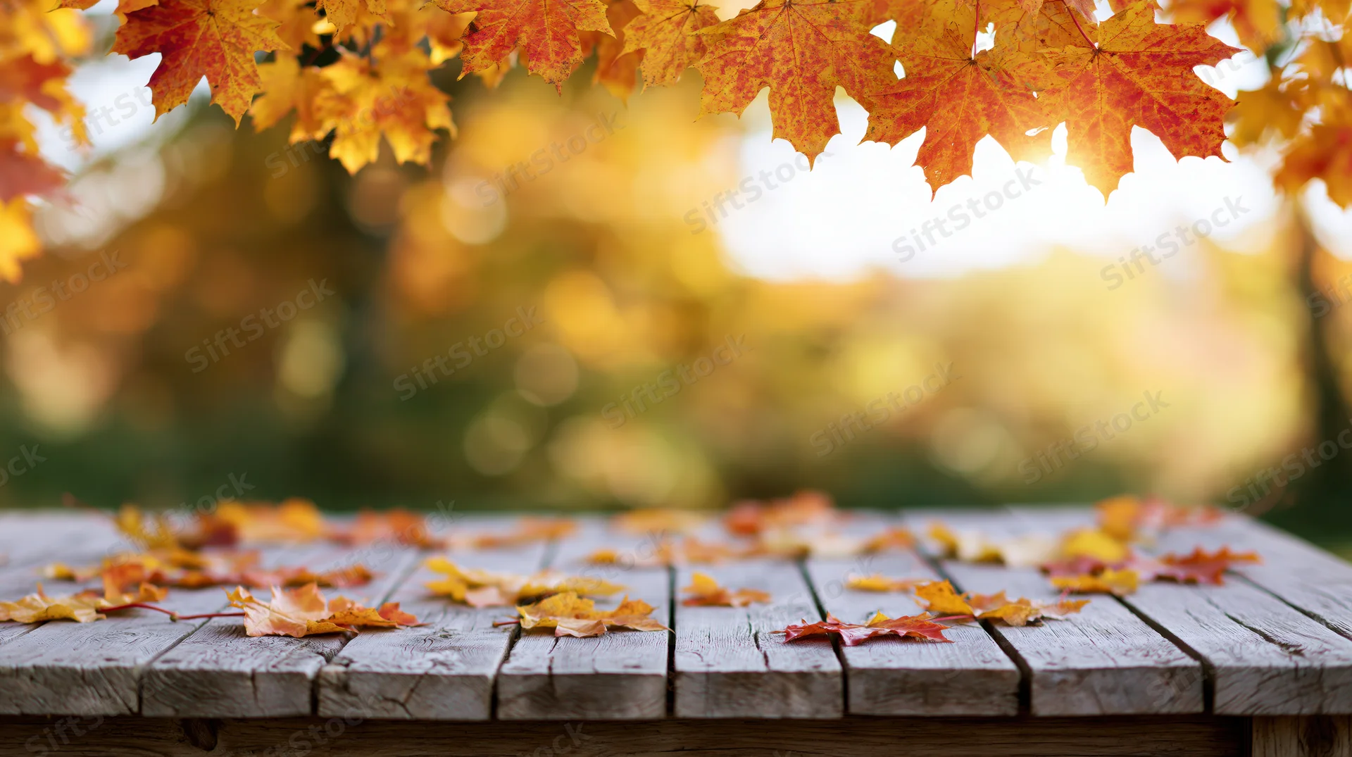 Weathered wooden table with scattered autumn maple leaves in foreground, sunlit foliage above, outdoor park setting