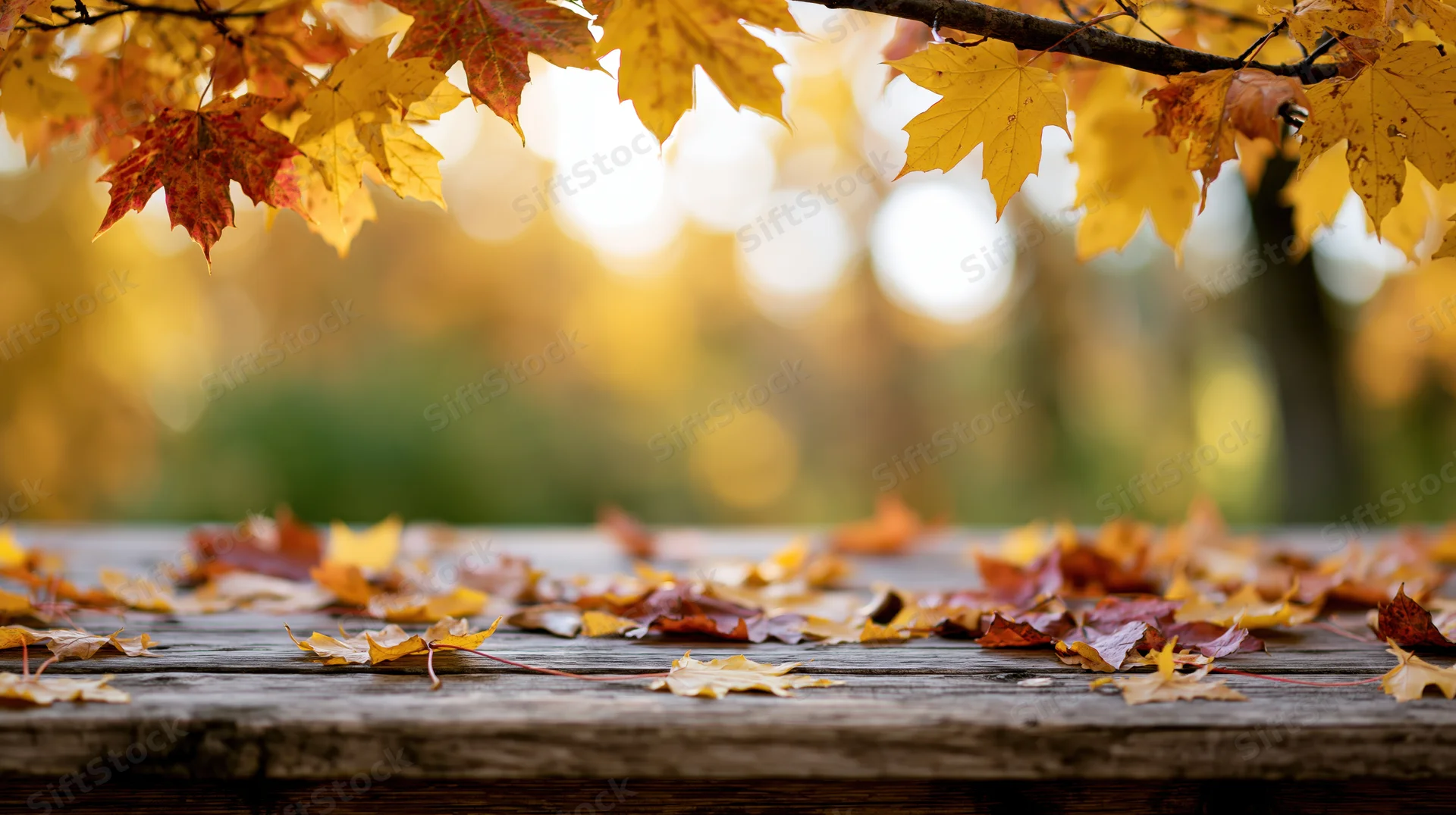 Autumn maple leaves scattered on a weathered wooden table with blurred forest backdrop