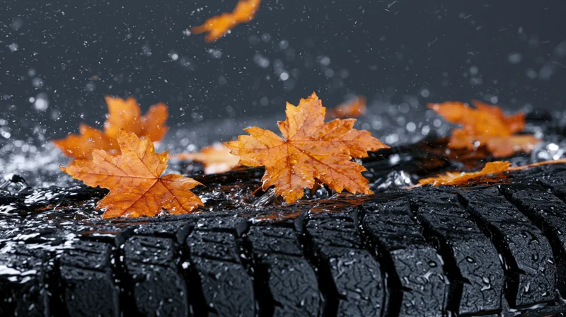 Wet car tire tread with falling orange autumn leaves in rain