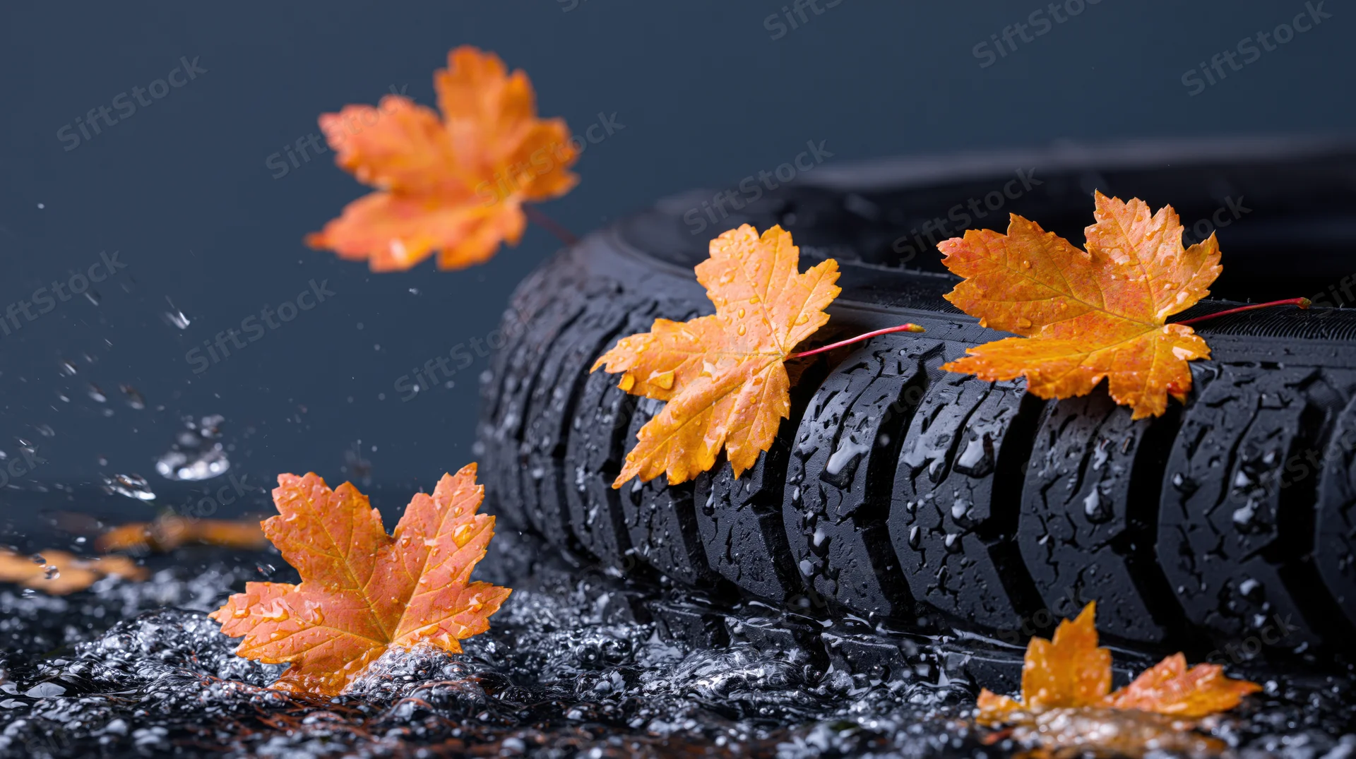 Wet car tire tread with orange maple leaves and water droplets in closeup