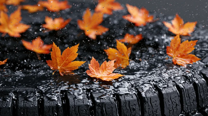 Orange maple leaves floating on wet car tire tread in rain
