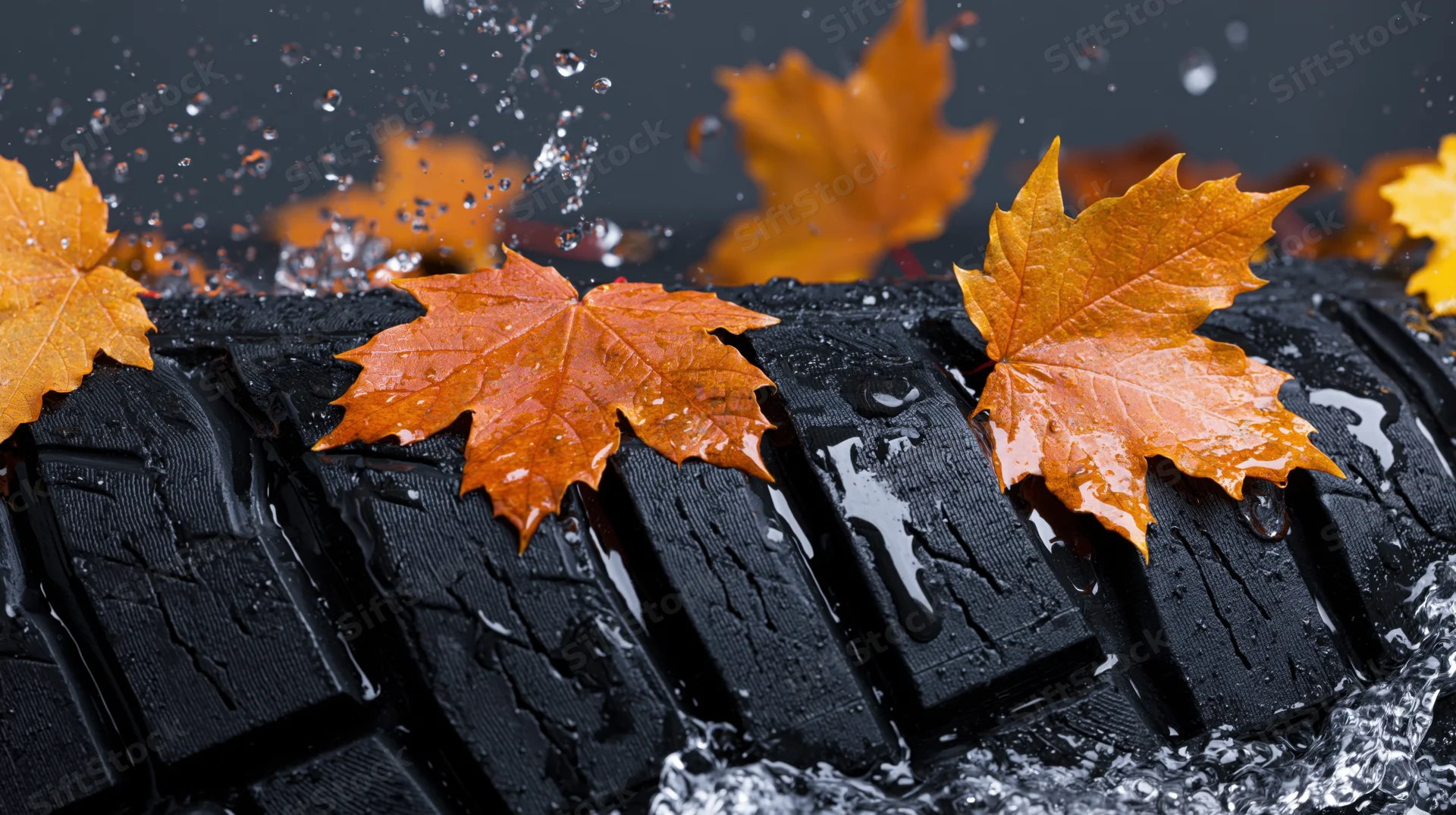 Wet car tire tread with orange maple leaves and water splashes in closeup