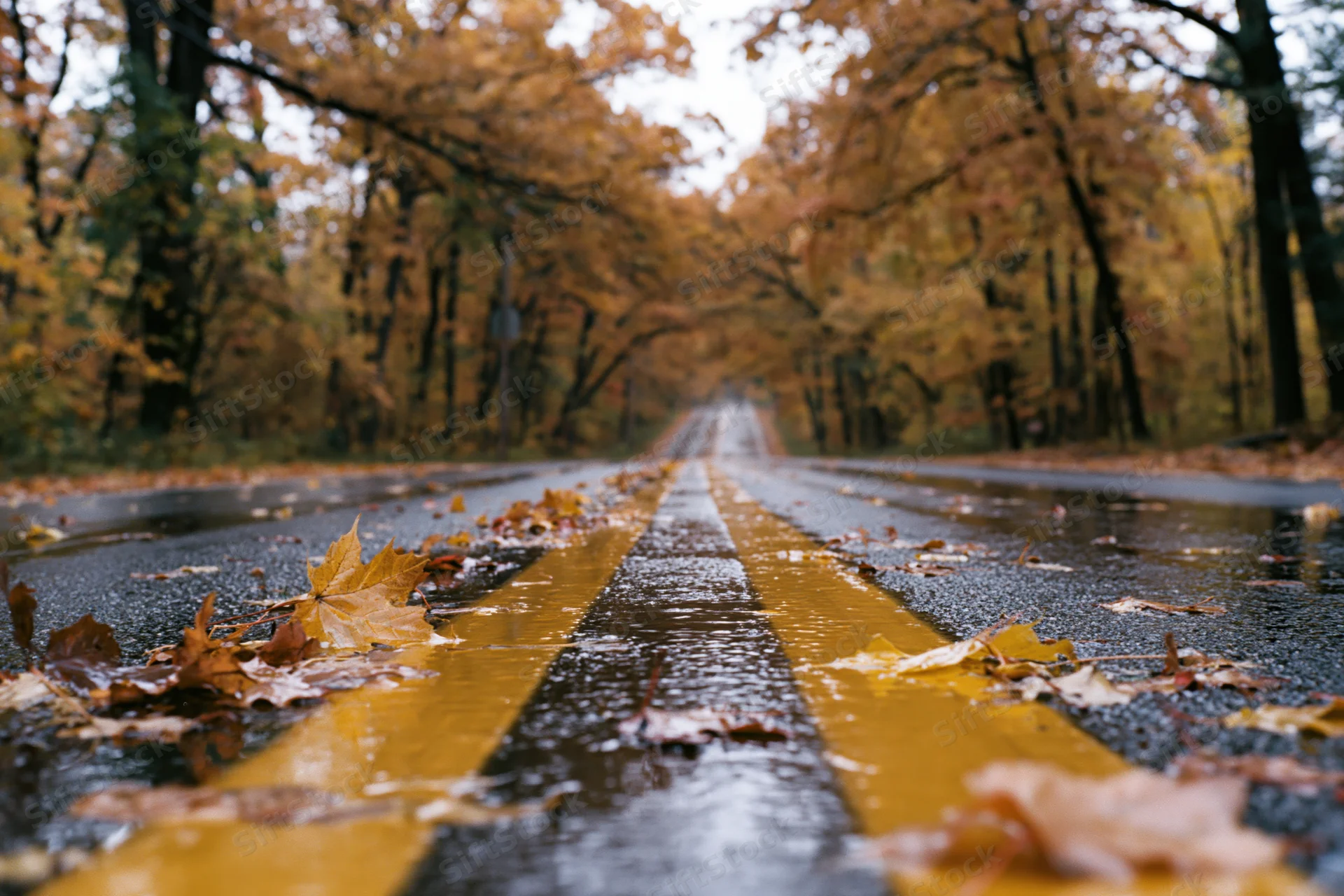 Wet two-lane road with double yellow center lines stretching into autumn forest lined with golden trees