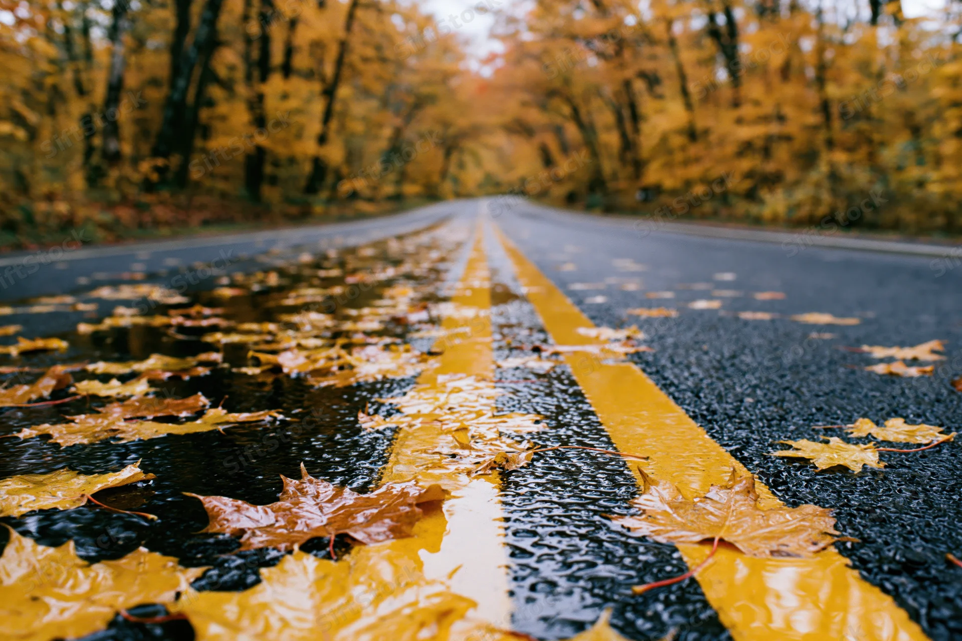 Wet asphalt road with double yellow lines covered in fallen maple leaves stretching into autumn forest