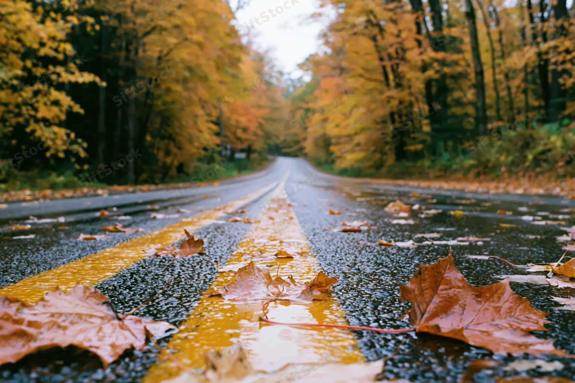 Wet road with double yellow lines covered in fallen autumn leaves through a forest