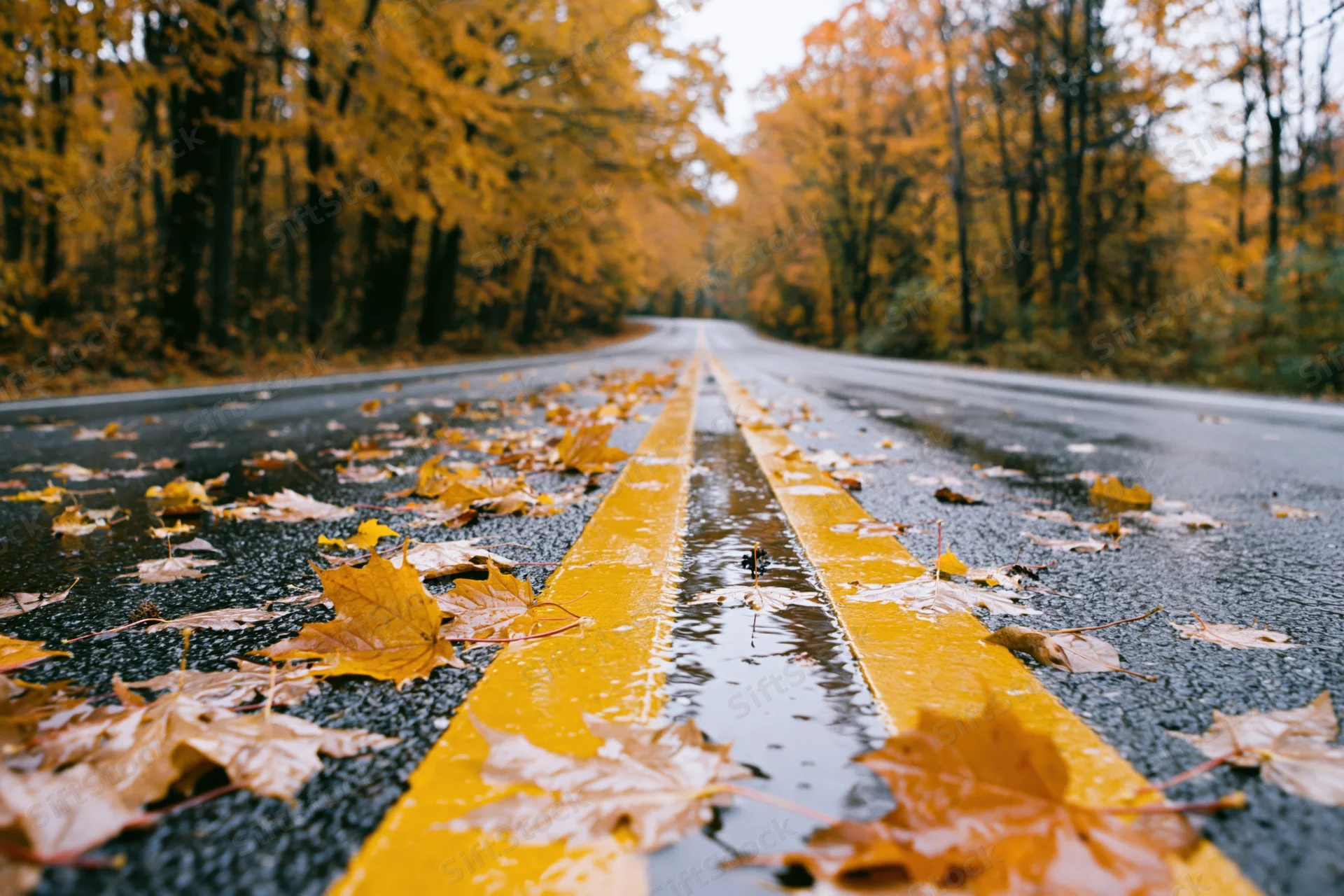 Wet two-lane road with double yellow center lines stretching through autumn forest, covered in fallen leaves and puddles
