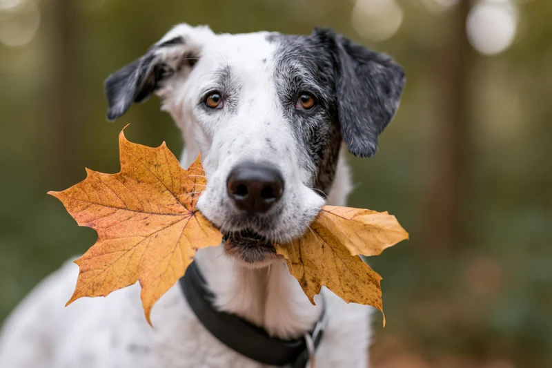 White and black mixed-breed dog holding a large orange-yellow maple leaf in its mouth in a forest setting