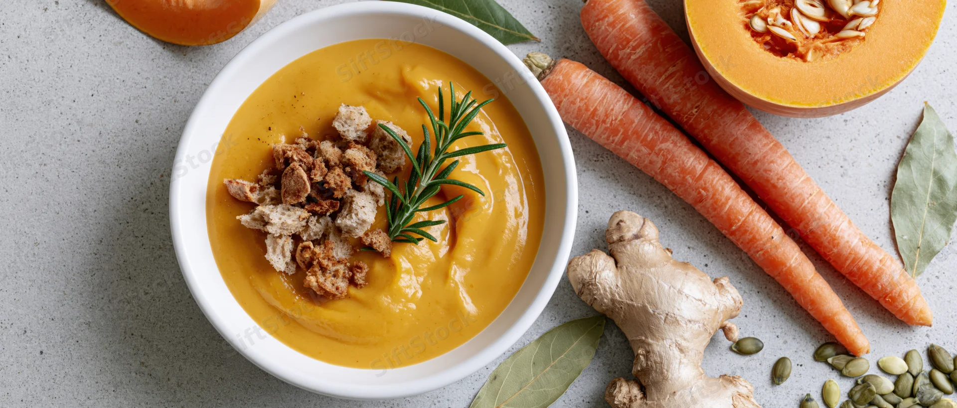 Creamy butternut squash soup in a white ceramic bowl topped with croutons and rosemary, surrounded by carrots, ginger, pumpkin, and seeds on a gray countertop