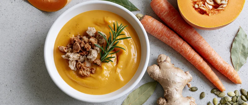 Creamy butternut squash soup in a white ceramic bowl topped with croutons and rosemary, surrounded by carrots, ginger, pumpkin, and seeds on a gray countertop