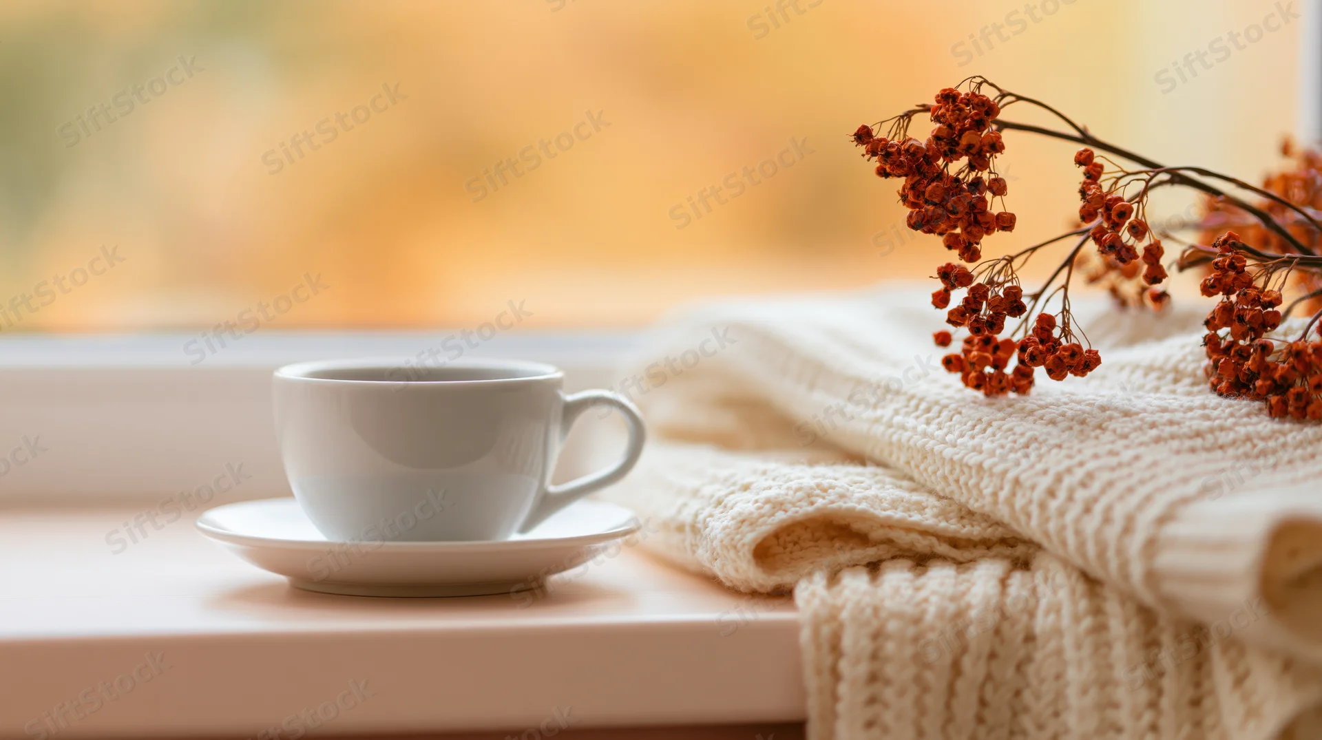 White ceramic coffee cup on saucer beside folded knit sweater and dried berries on windowsill
