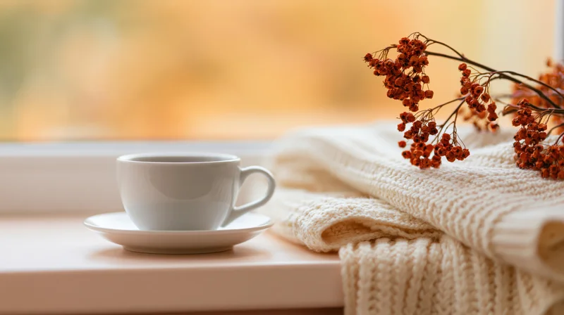 White ceramic coffee cup on saucer beside folded knit sweater and dried berries on windowsill