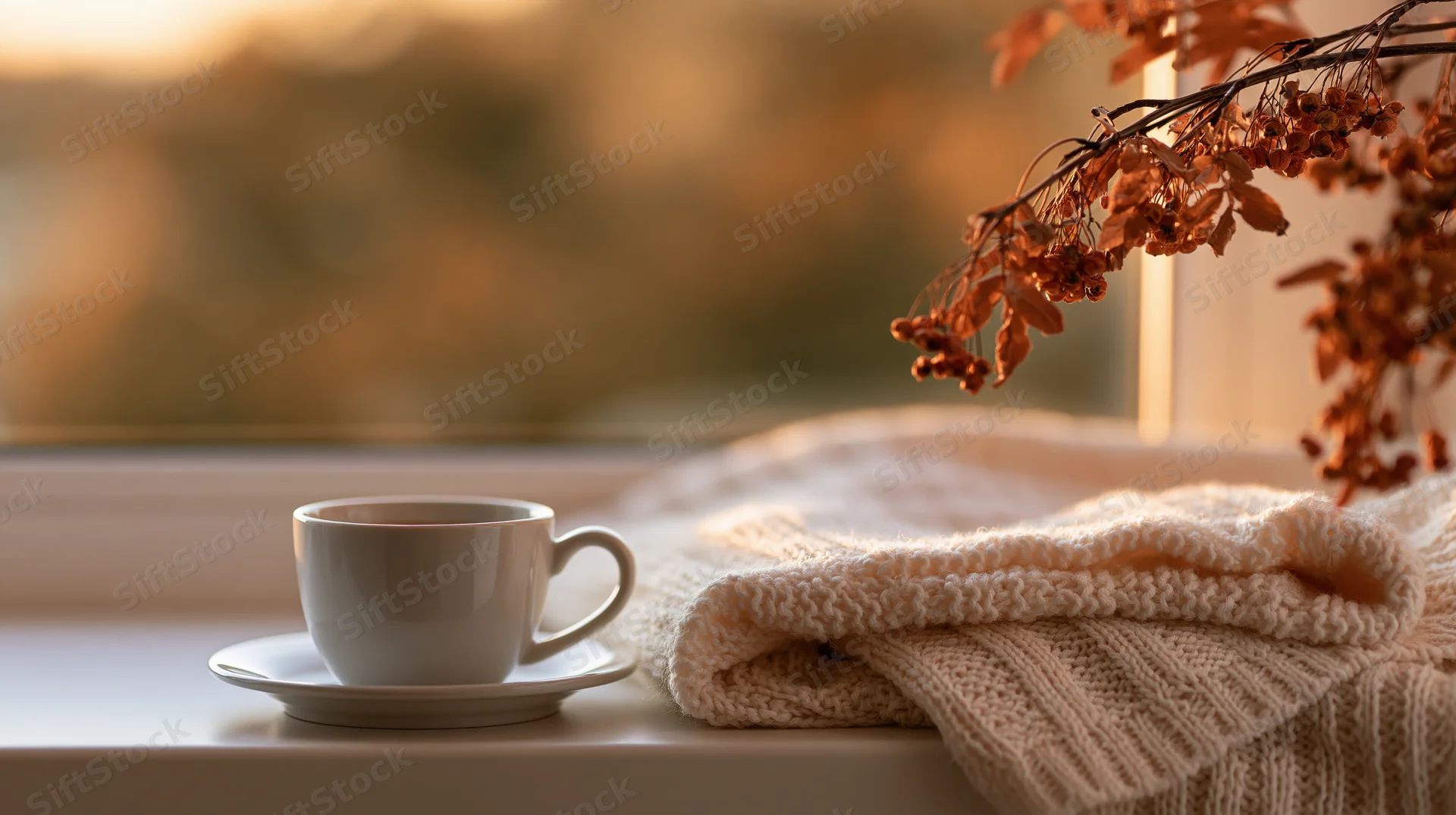 White ceramic coffee cup on saucer beside knitted sweater and dried autumn branches on windowsill at sunset