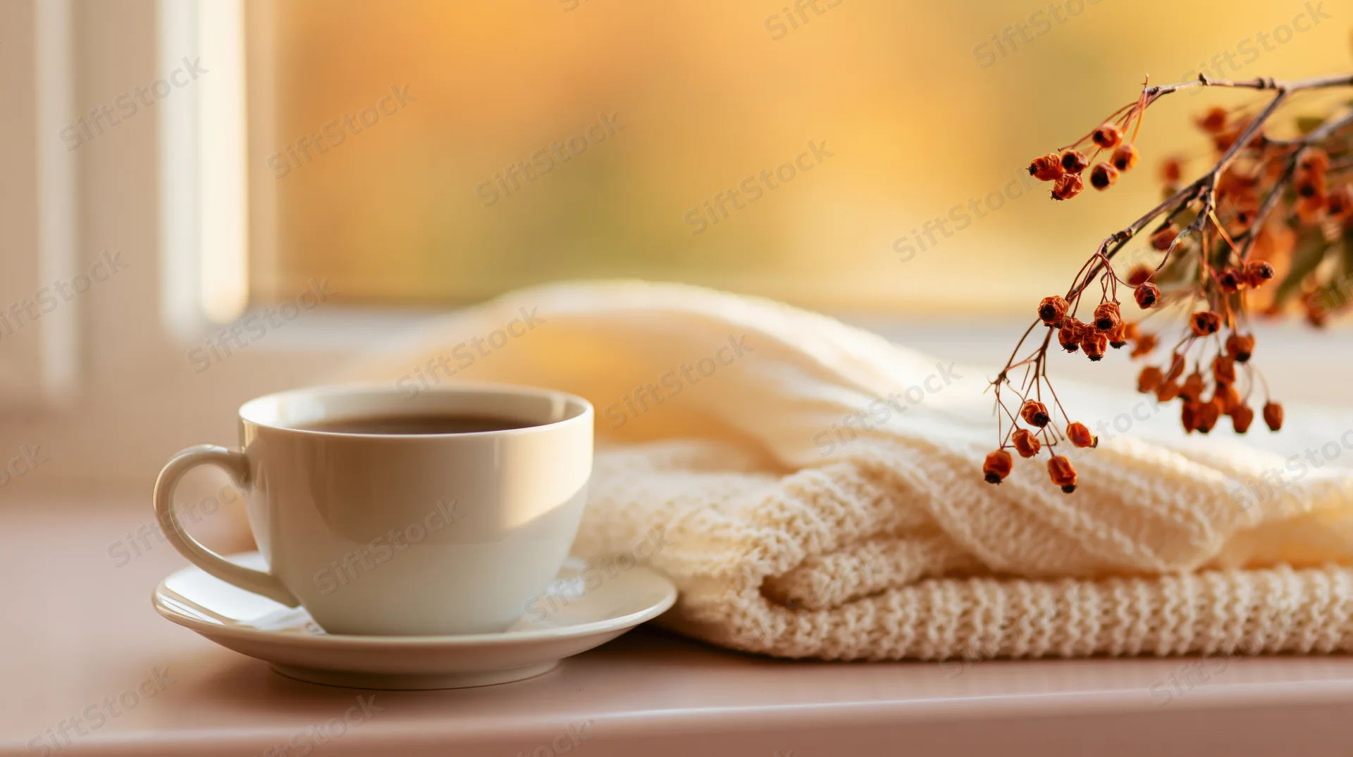 White ceramic coffee cup on saucer beside knit sweater and berry branch on windowsill