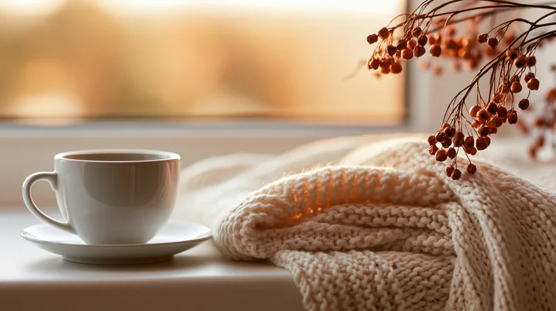 White ceramic coffee cup on saucer beside a knitted sweater and dried berries on a windowsill