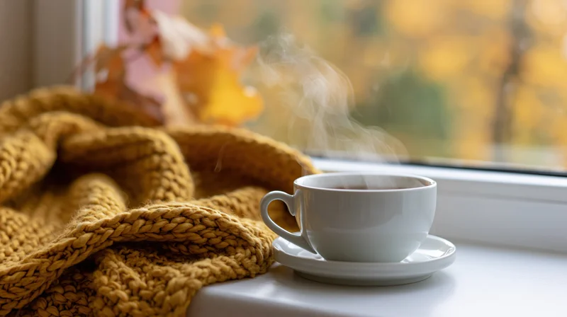 Steaming coffee cup on windowsill beside a yellow knit blanket with autumn foliage outside