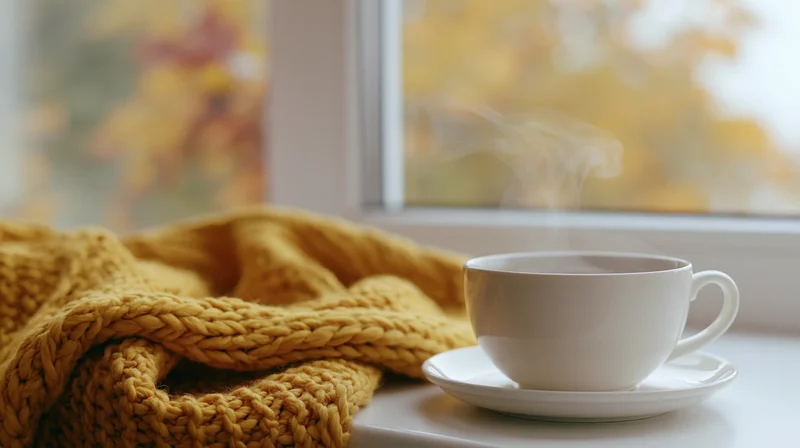 Steaming white ceramic coffee cup on a saucer beside a yellow knit sweater by a window with autumn foliage outside