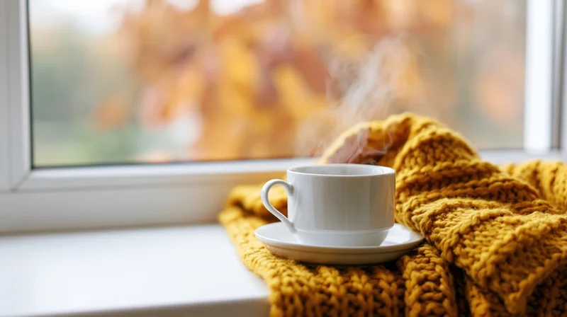 White ceramic coffee cup with steam on a yellow knit scarf by a window with autumn foliage outside