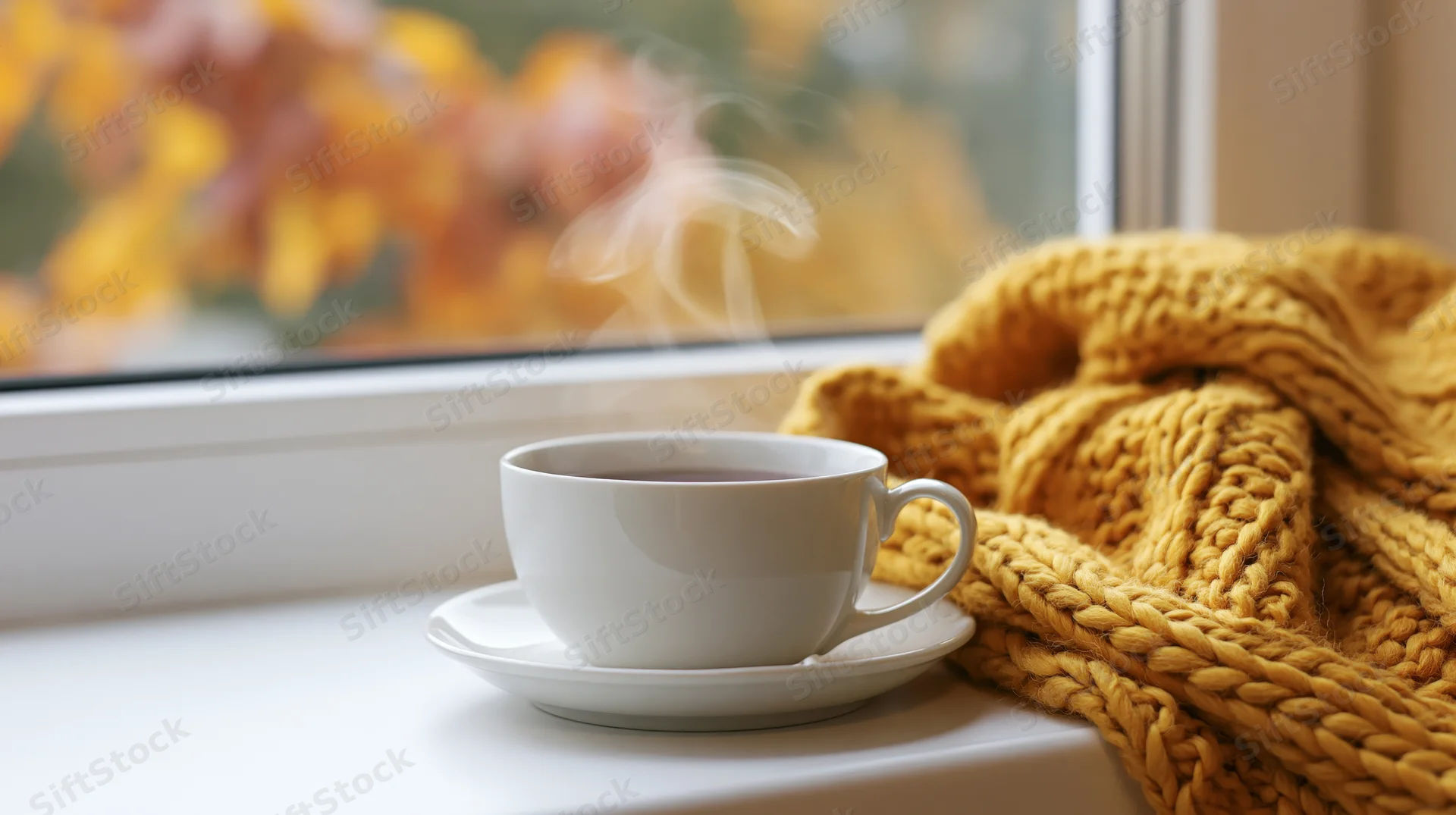 Steaming coffee cup on windowsill beside yellow knit sweater with autumn foliage outside