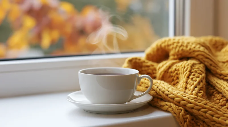 Steaming coffee cup on windowsill beside yellow knit sweater with autumn foliage outside