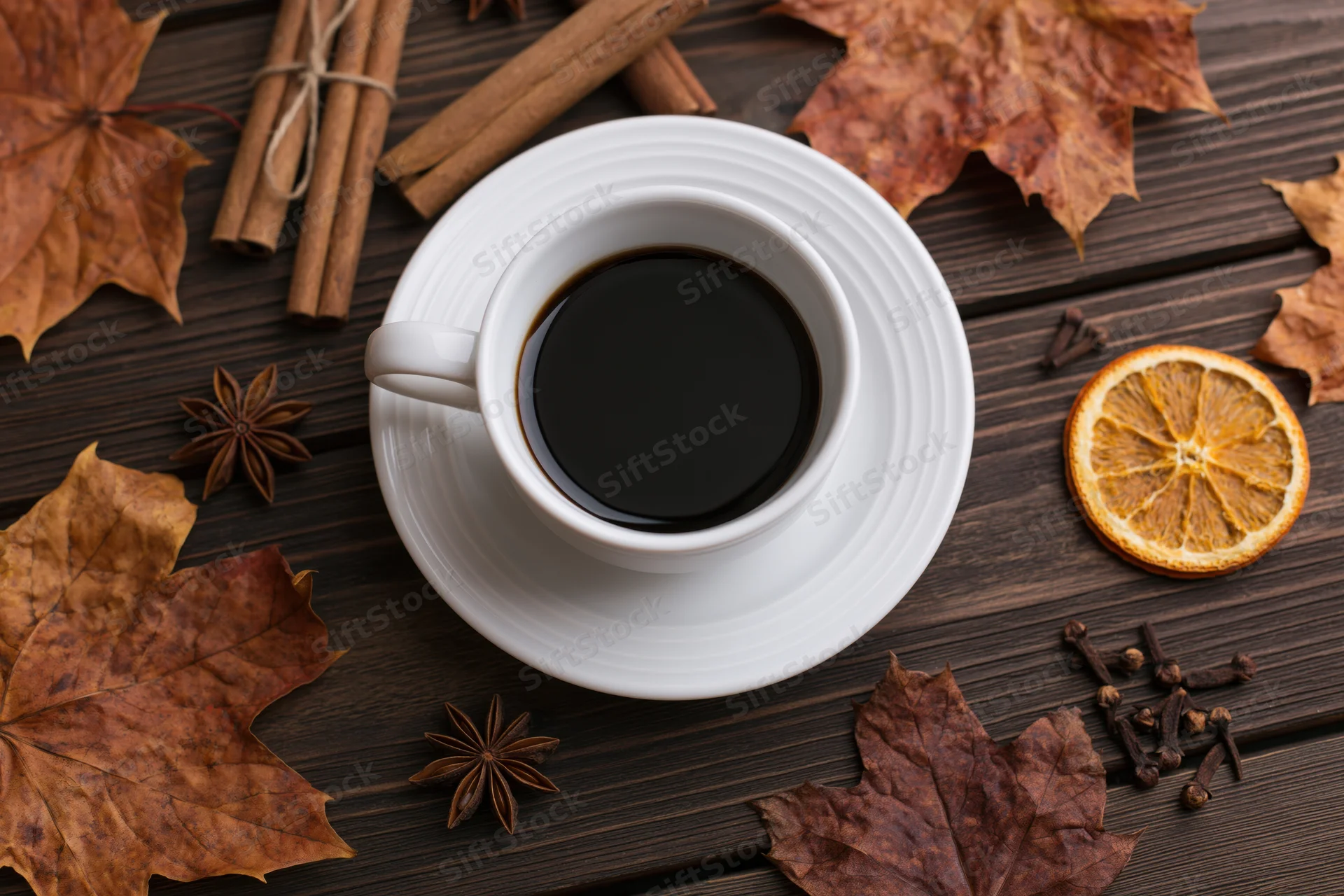 White ceramic coffee cup on saucer surrounded by autumn leaves and spices on dark wooden table