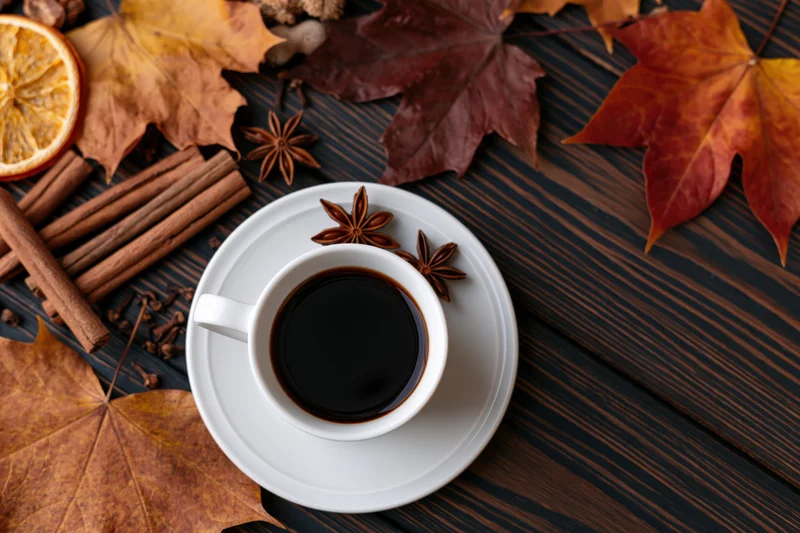 White ceramic coffee cup on saucer surrounded by autumn leaves and spices on dark wooden table