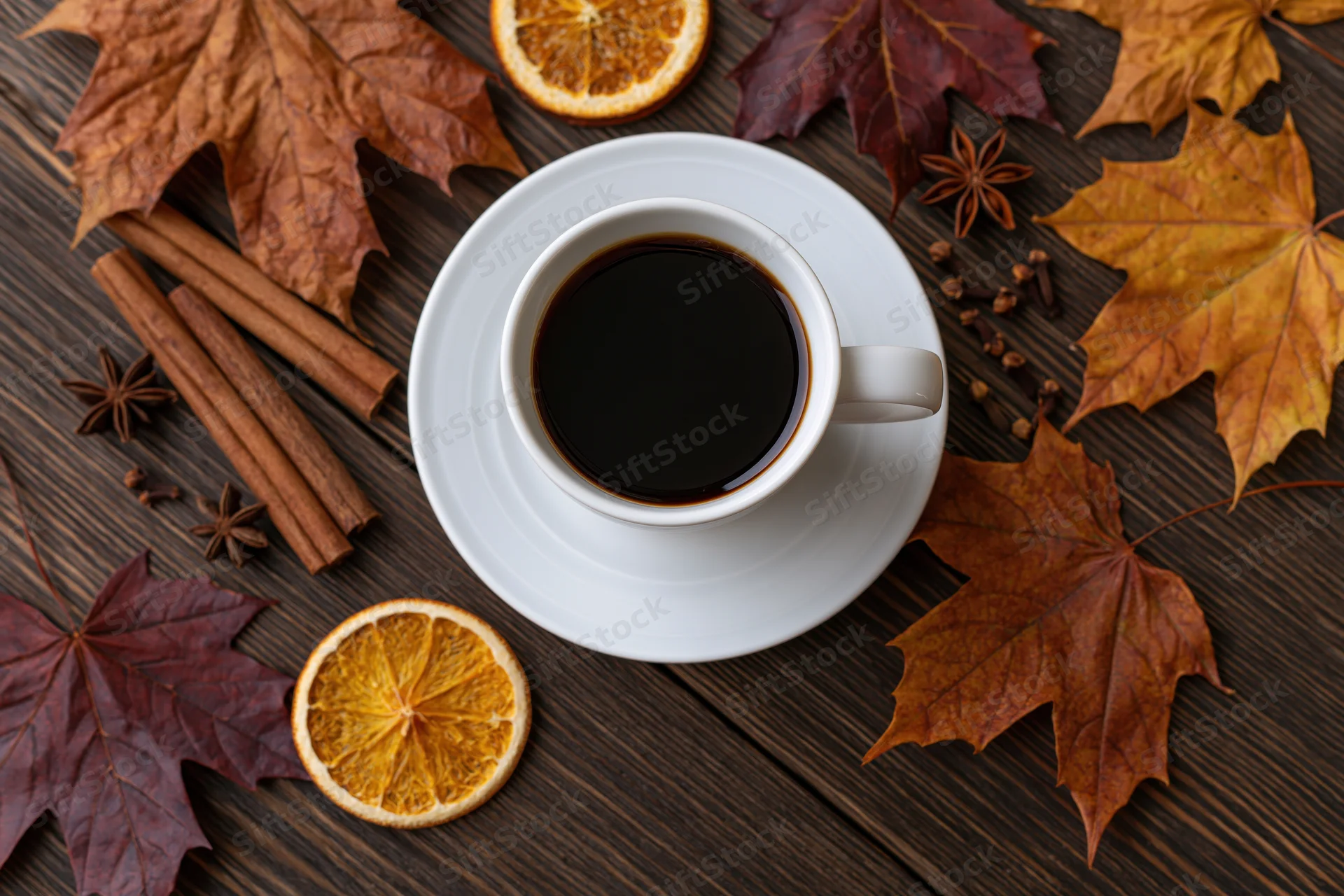 White ceramic cup of black coffee on saucer surrounded by autumn leaves, cinnamon sticks, dried orange slices, and star anise on dark wooden table