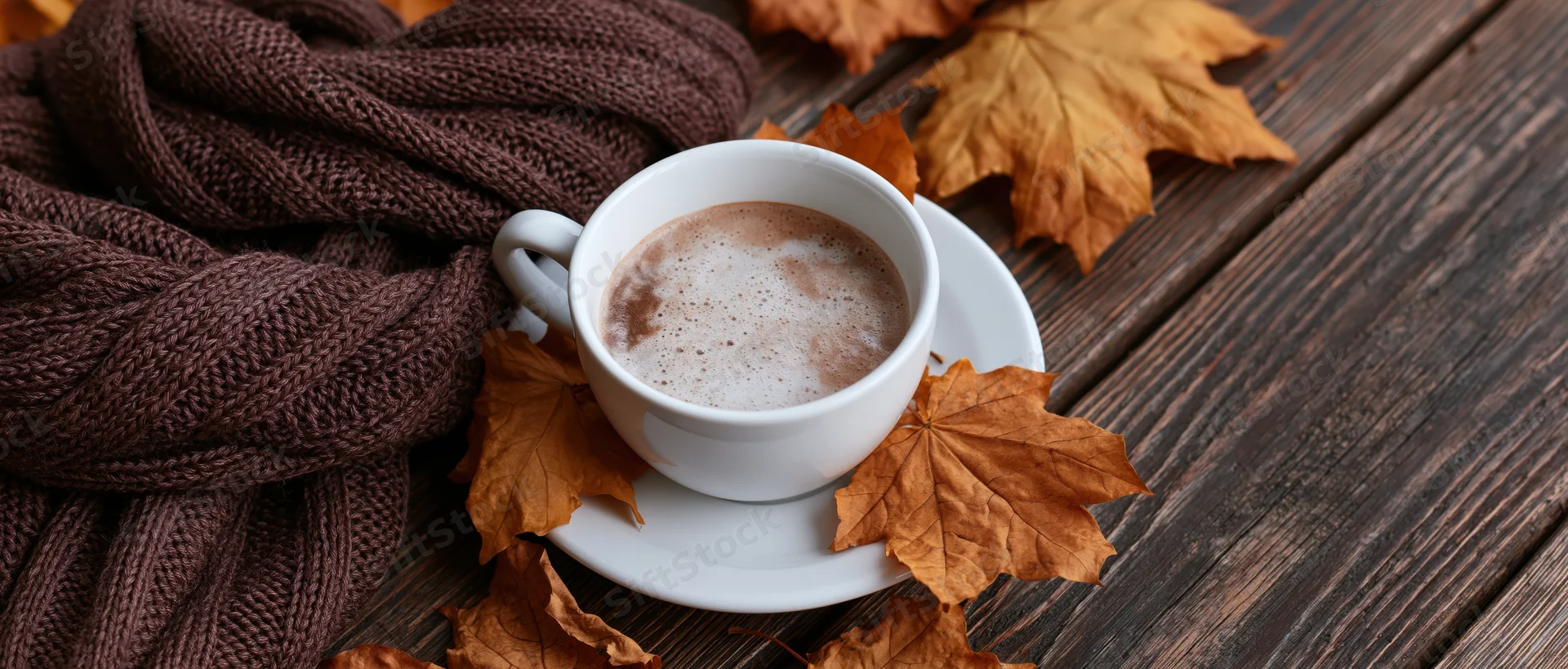 White ceramic coffee cup with frothy beverage on saucer surrounded by autumn leaves and knitted scarf on wooden table