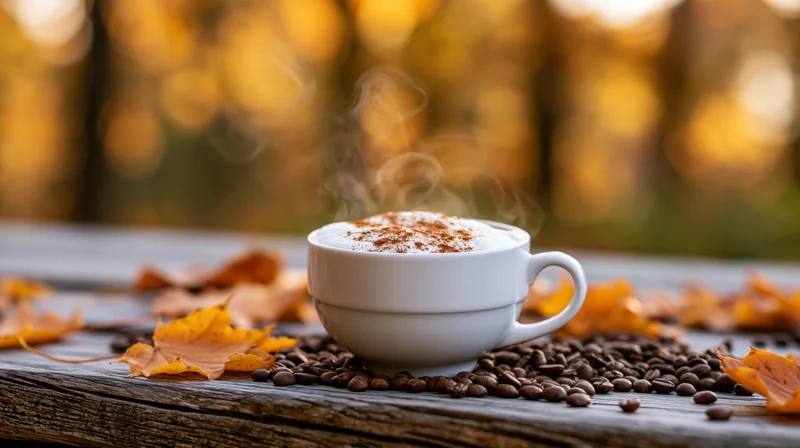 Steaming cappuccino in a white ceramic cup on a wooden table surrounded by autumn leaves and coffee beans