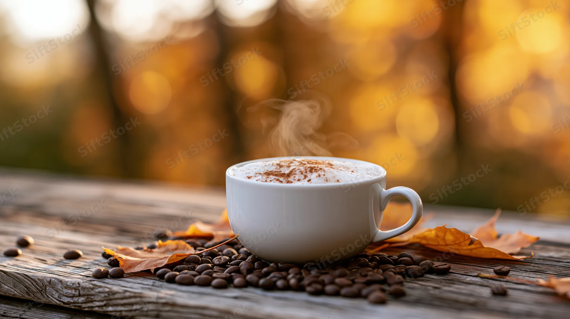 Steaming cappuccino in a white ceramic cup on a wooden table surrounded by coffee beans and autumn leaves with warm golden bokeh background