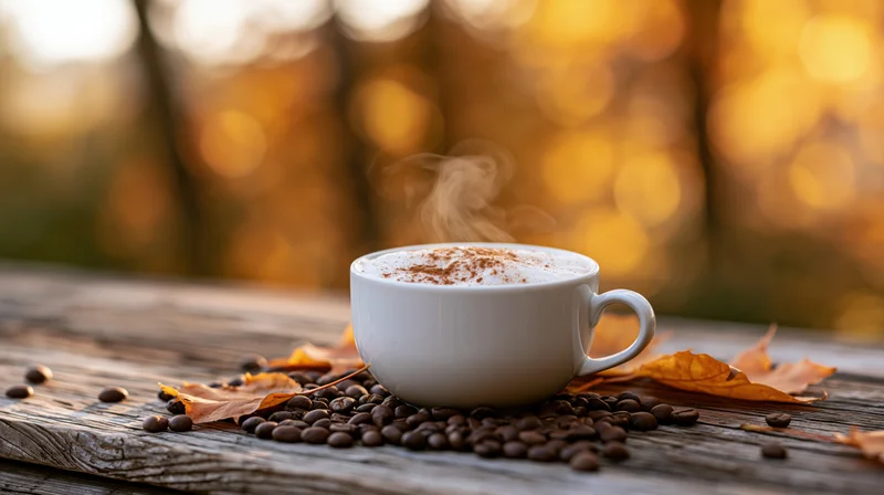 Steaming cappuccino in a white ceramic cup on a wooden table surrounded by coffee beans and autumn leaves with warm golden bokeh background