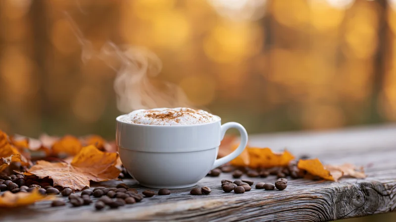 Steaming cappuccino in a white ceramic cup on a wooden table surrounded by autumn leaves and coffee beans